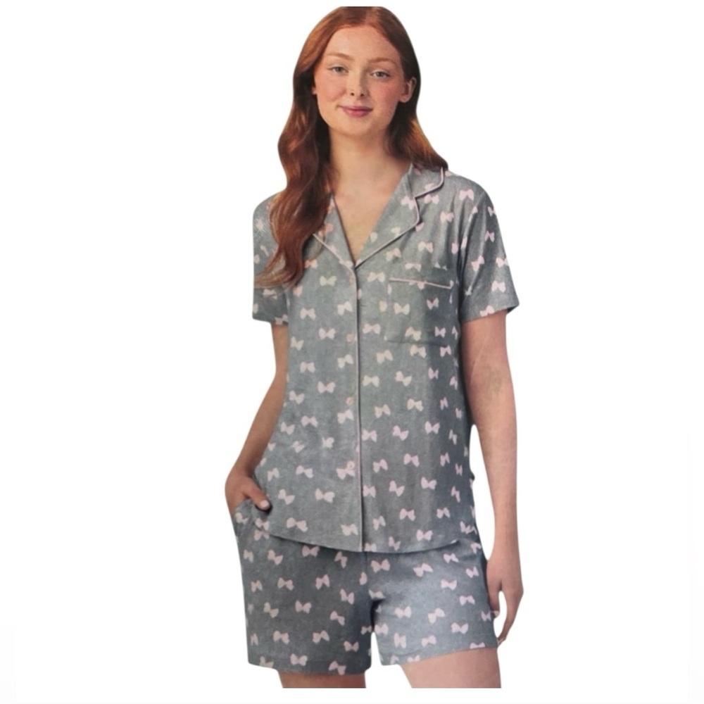 NEW L kate spade Gray and Pink with bows Pyjama Pajama Set